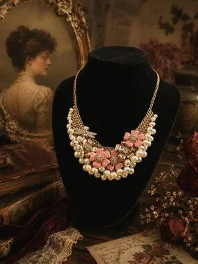 Talbots | Jewelry | Talbots Floral Statement Necklace Pink Enamel Faux ...